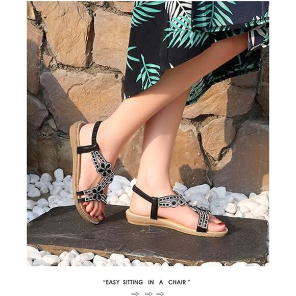 size 7 Women's summer sandals Rhinestone Crystal flowers, bohemian Roman sandals - Picture 5 of 5